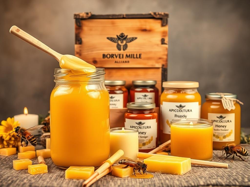 A vibrant still life showcasing the diverse array of "prodotti dell'alveare" - the wealth of natural treasures crafted by industrious honeybees. In the foreground, a glass jar overflows with creamy, golden honey, its viscous texture inviting a taste. Surrounding it, a scattering of beeswax candles, their soft glow illuminating the scene. In the middle ground, a wooden crate displays jars of propolis, pollen, and royal jelly, each a potent, therapeutic elixir. In the background, a rustic beehive emblazoned with the APICOLTURA BORVEI MIELE logo stands as a testament to the apiarist's craft. Warm, earthy tones imbue the composition with a sense of authenticity and traditional Italian craftsmanship. Soft, diffused lighting casts a gentle, natural radiance over the entire tableau.