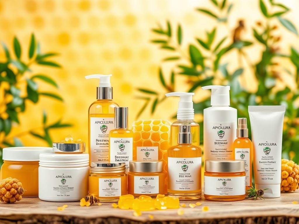 A visually captivating image of a selection of cosmetic products featuring the key ingredient of Apicoltura's natural beeswax. The foreground showcases various jars, bottles, and containers with clean, minimalist packaging design, highlighting the purity and quality of the beeswax-infused formulas. The middle ground features a warm, golden-hued backdrop, suggestive of the honeycomb texture and the warmth of the sun-kissed beeswax. The background subtly hints at the natural, rustic origins of the ingredient, with a soft, blurred focus on lush greenery and botanicals, creating a harmonious and inviting atmosphere. The overall composition conveys a sense of luxury, purity, and the inherent benefits of beeswax in skincare and haircare products.