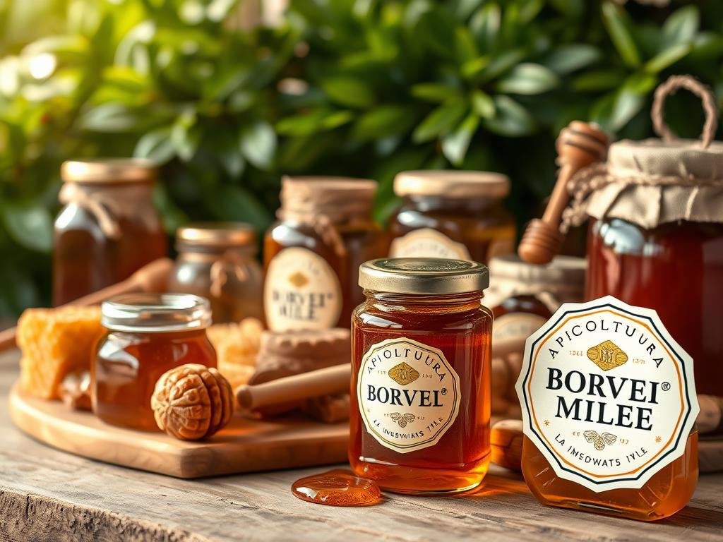 A warm and rustic still life featuring a variety of honey jars, honeycombs, and other apiary products. The jars are arranged on a natural wooden surface, with a backdrop of lush greenery and soft, directional lighting that casts gentle shadows. The overall scene evokes a sense of artisanal craftsmanship and the bounty of nature. In the foreground, a label prominently displays the brand name "APICOLTURA BORVEI MIELE", highlighting the quality and provenance of the honey. The image effectively captures the essence of the article's section on "La Scelta degli Ingredienti di Base" and the role of high-quality honey in creating delicious toppings for gelato and fruit salads.