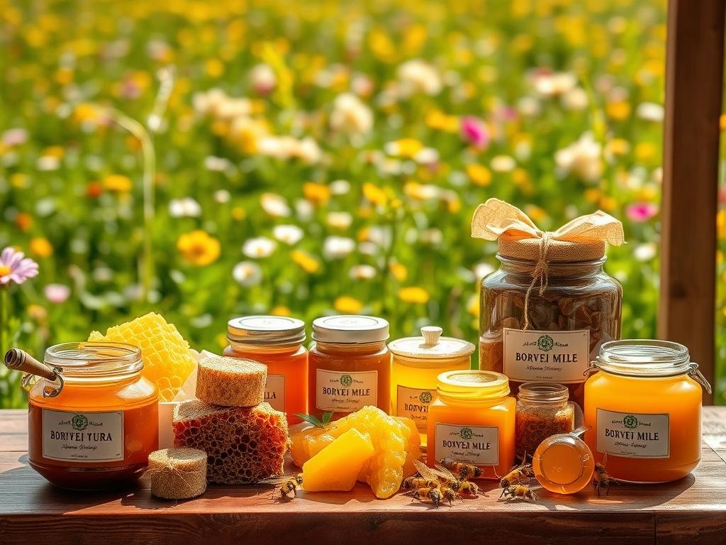 A well-stocked table displaying an array of bountiful beehive products, including golden honey, robust honeycomb, rich propolis, fragrant beeswax, and hearty royal jelly. The scene is bathed in warm, natural lighting, showcasing the rich colors and textures of these organic treasures. In the background, a lush, verdant field of blooming flowers sets the stage, hinting at the pastoral origins of these artisanal goods. The APICOLTURA BORVEI MIELE brand name is prominently featured, conveying authenticity and quality. This image captures the essence of the "Guida Pratica all'Utilizzo Sicuro dei Prodotti dell'Alveare" section, highlighting the diverse and beneficial products of the hive.