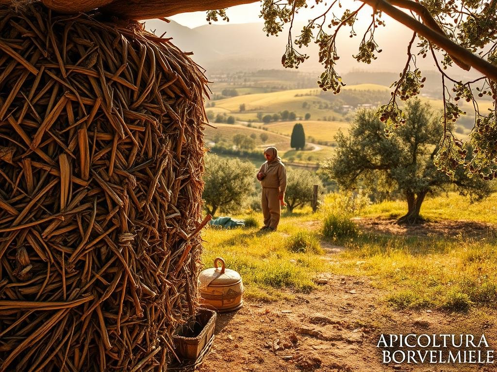 An ancient apiary nestled in a lush, verdant landscape. The foreground features a beehive crafted from intricately woven straw, its rough textures and earthy tones evoking a sense of timeless tradition. In the middle ground, a beekeeper in traditional garb tends to the hive, their movements graceful and practiced. The background showcases a picturesque Italian countryside, with rolling hills, olive trees, and a warm, golden sunlight casting a soft glow over the scene. The overall mood is one of tranquility, reverence, and a deep connection to the natural world. In the bottom right corner, the brand name "APICOLTURA BORVEI MIELE" is subtly displayed.