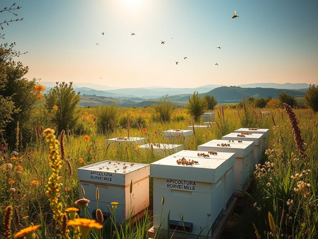 An idyllic Italian apiary nestled amidst a lush, verdant meadow, buzzing with the industrious activity of honeybees. In the foreground, rows of white beehives adorned with the APICOLTURA BORVEI MIELE brand name sit beneath a warm, golden sunlight. Behind them, a diverse array of native wildflowers and plants sway gently in a soft breeze, creating a captivating tapestry of color and life. In the distance, rolling hills and a hazy blue sky complete the serene, pastoral scene, highlighting the essential role of these pollinators in supporting the global ecosystem.