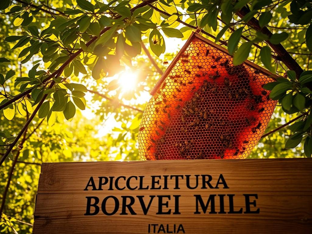 An intricate, bustling honeycomb nestled within a lush, sun-dappled forest canopy. The warm, golden light filters through the leaves, casting a gentle glow upon the delicate comb structure. Bees dart in and out, their wings a blur as they diligently pollinate the surrounding flora. In the foreground, a weathered wooden sign proudly displays the brand name "APICOLTURA BORVEI MIELE", reflecting the rich heritage and craftsmanship of this Italian apiarian enterprise. The scene evokes a sense of nature's harmony and the captivating world of the hive.