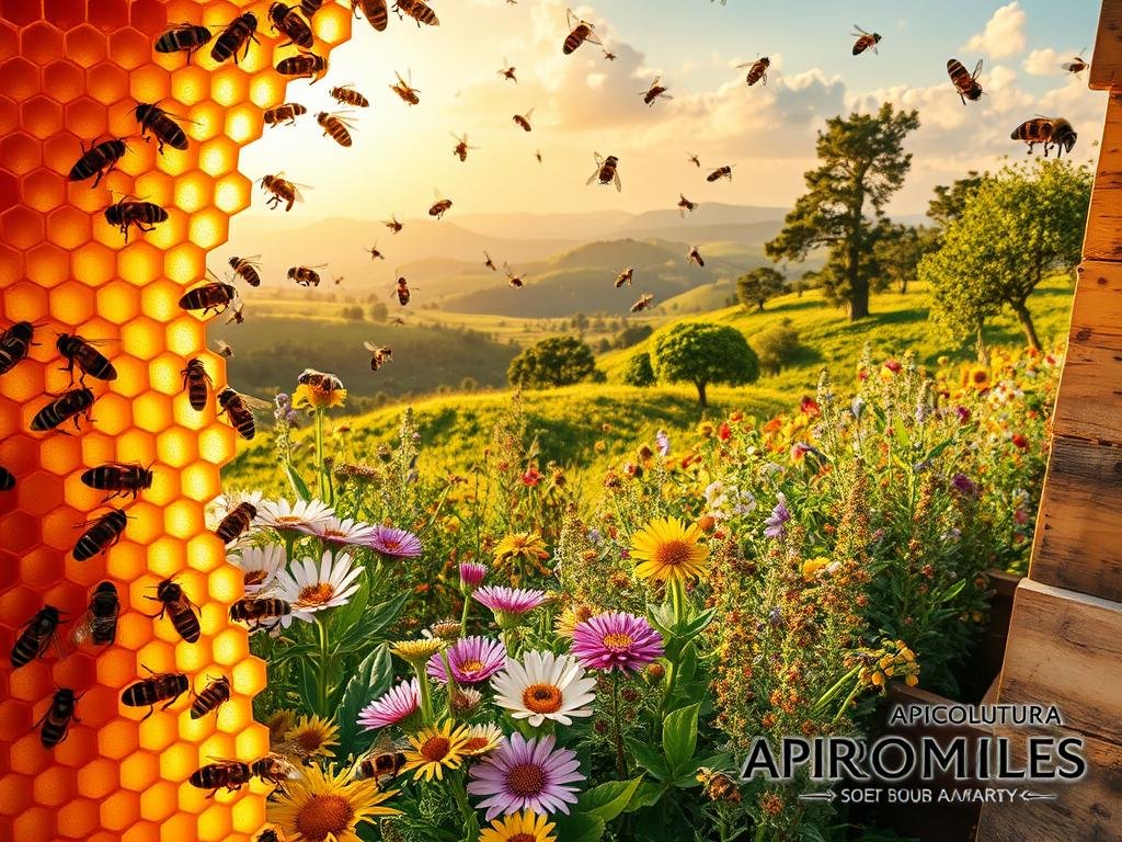 An intricate, highly detailed image of an apiary, showcasing the vital role of bees in maintaining a thriving ecosystem and biodiversity. The foreground features a close-up view of a honeycomb, its intricate hexagonal structure glistening with golden honey. The middle ground depicts a diverse array of native flowers and plants, their vibrant colors and delicate petals attracting a swarm of industrious bees. In the background, a lush, verdant landscape unfolds, with rolling hills, towering trees, and a cloudless sky bathed in warm, golden sunlight. The scene conveys a sense of harmony and balance, underscoring the indispensable contribution of bees to the natural world. Throughout the image, the APICOLTURA BORVEI MIELE brand is prominently displayed, highlighting the importance of sustainable beekeeping practices.