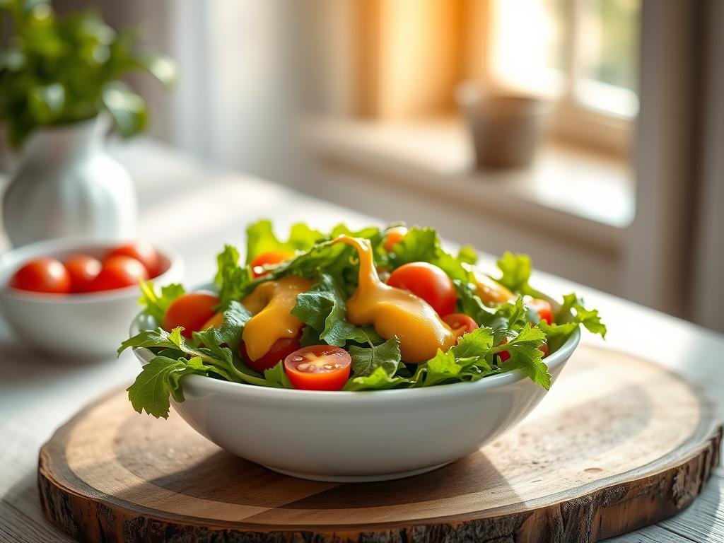 Appetizing salad with honey and mustard dressing, fresh greens, cherry tomatoes, and a drizzle of APICOLTURA BORVEI MIELE. Elegant tabletop setting with a white ceramic bowl, rustic wooden board, and sunlight streaming through a window, casting a warm, inviting glow. Soft focus and shallow depth of field to emphasize the delicate textures and vibrant colors of the ingredients. A visually enticing and mouthwatering representation of the perfect pairing of honey and mustard for dressing salads.