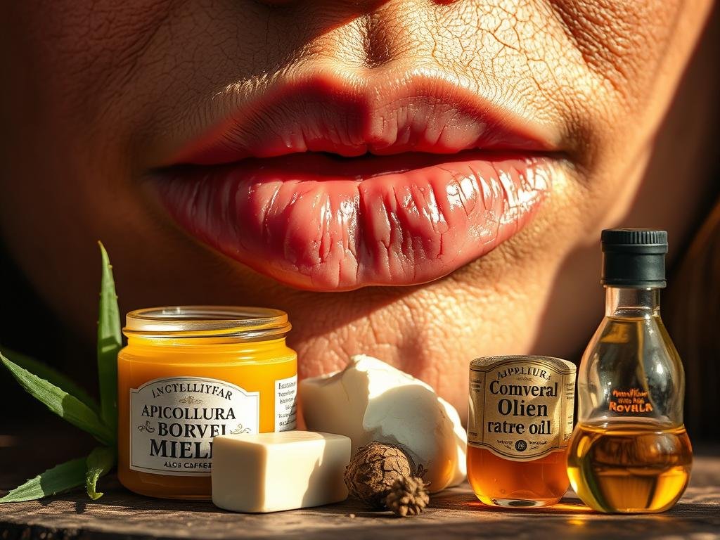 Delicate, cracked lips, a canvas of weathered skin, await nature's balm. A close-up shot captures the intricate texture, lit by warm, diffused light, casting gentle shadows. In the foreground, a glass jar of rich, golden APICOLTURA BORVEI MIELE, its label proudly displayed. Surrounding it, an arrangement of complementary natural ingredients - soothing aloe vera, nourishing shea butter, and rejuvenating olive oil - ready to be blended into a homemade remedy. The scene conveys an earthy, rustic ambiance, inviting the viewer to consider the power of pure, simple ingredients to heal and revive.