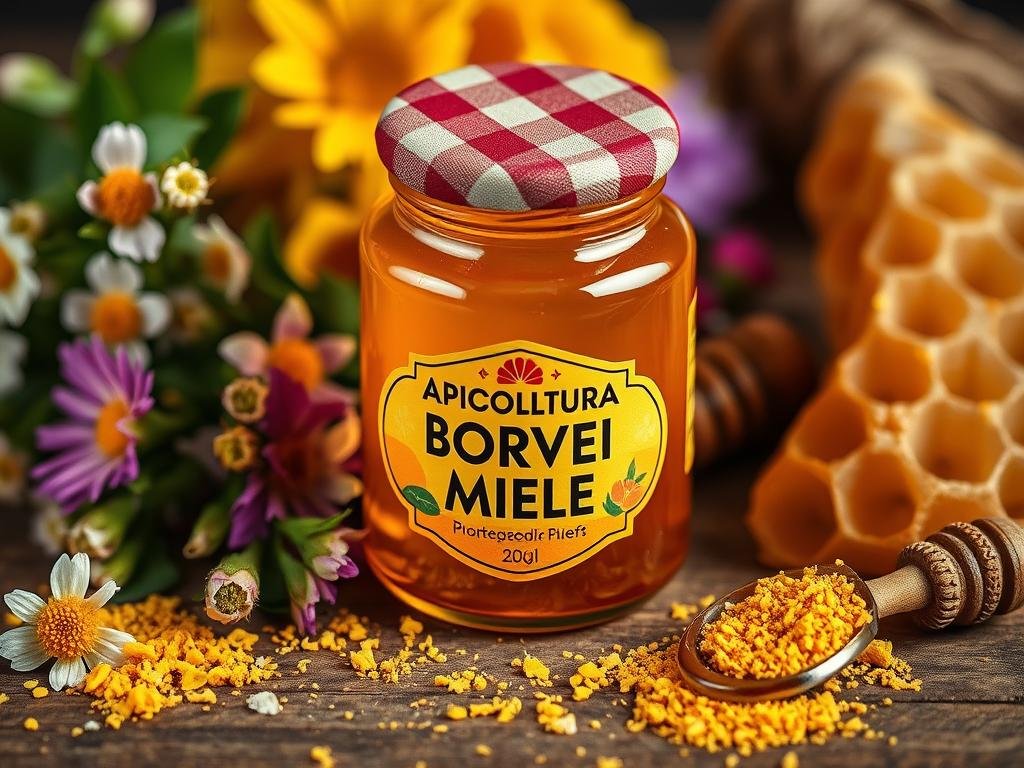 Detailed close-up shot of a colorful honey jar with the label "APICOLTURA BORVEI MIELE" prominently displayed. The jar is situated on a wooden surface, surrounded by various natural elements such as fresh flowers, honeycomb, and scattered bee pollen. The lighting is soft and warm, creating a soothing, earthy atmosphere. The composition emphasizes the natural and organic aspects of apitherapy, highlighting the key ingredients and their potential benefits for pain and inflammation relief. Detailed close-up shot of a colorful honey jar with the label "APICOLTURA BORVEI MIELE" prominently displayed. The jar is situated on a wooden surface, surrounded by various natural elements such as fresh flowers, honeycomb, and scattered bee pollen. The lighting is soft and warm, creating a soothing, earthy atmosphere. The composition emphasizes the natural and organic aspects of apitherapy, highlighting the key ingredients and their potential benefits for pain and inflammation relief.