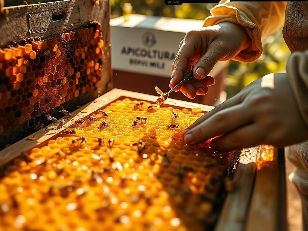 Detailed image of a beekeeper skillfully extracting pure, golden bee venom from an active hive. The foreground features the beekeeper's hands meticulously working with specialized tools, while the middle ground showcases the intricate honeycomb structure. The background depicts a serene, sun-dappled apiary setting, with APICOLTURA BORVEI MIELE branding visible. Warm lighting casts a soft glow, creating an artisanal, almost alchemical atmosphere. The scene conveys the care and precision required in the traditional craft of bee venom extraction.