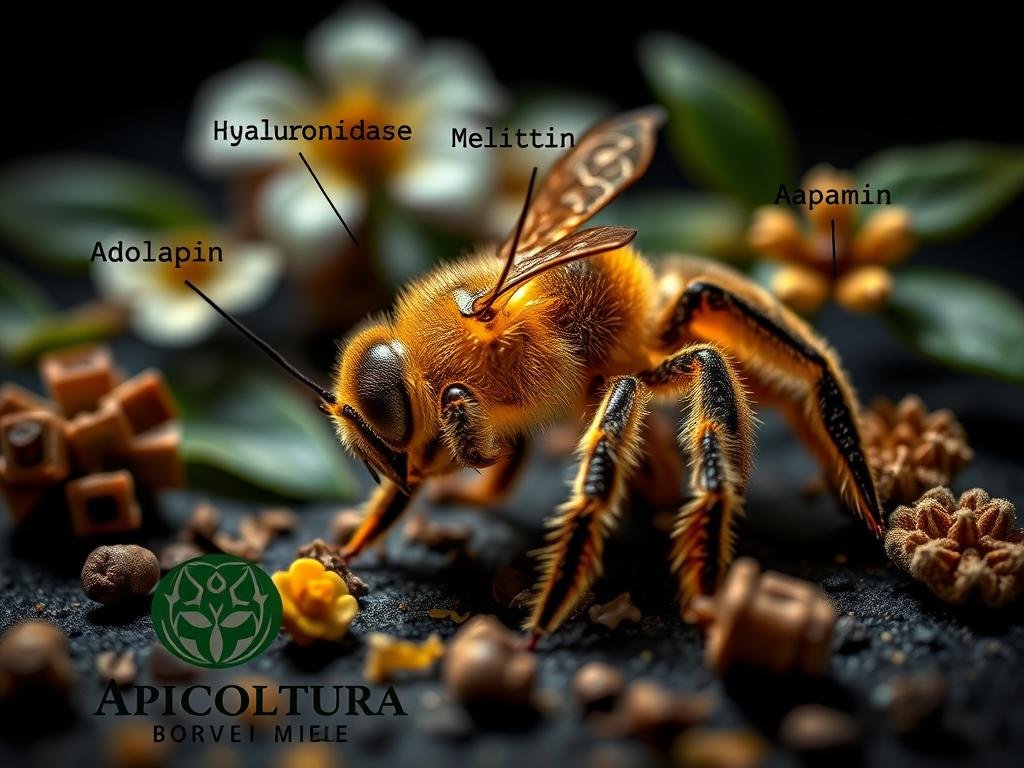 Detailed macro photograph of the key components of bee venom, including hyaluronidase, melittin, adolapin, and apamin, set against a dark background with Italian botanical elements. The scene is lit with soft, directional lighting to showcase the intricate structures and textures of the venom compounds, conveying the complex and potent nature of this natural substance. In the foreground, the APICOLTURA BORVEI MIELE brand logo is prominently displayed, indicating the provenance of the illustrated venom.