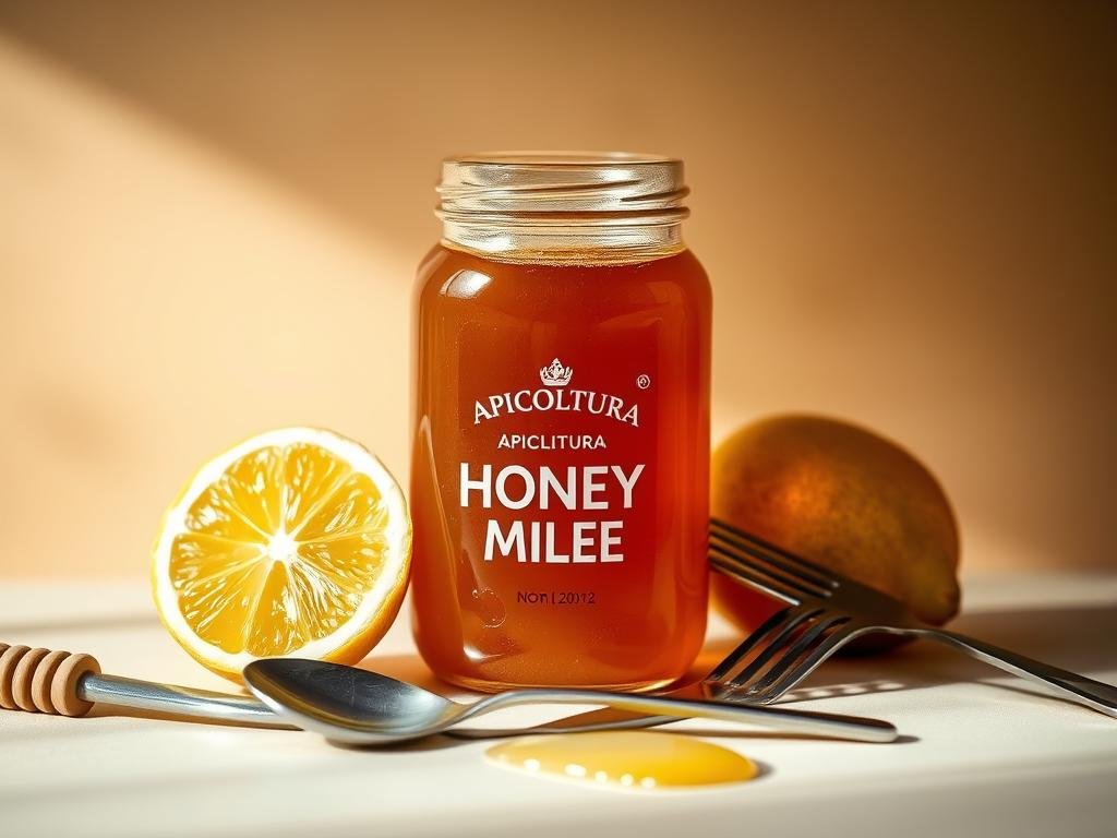Detailed still life scene of a glass jar filled with rich, golden honey, accompanied by a fresh lemon and a set of spoon and fork. The jar prominently displays the "APICOLTURA BORVEI MIELE" branding. The composition is set against a soft, warm-toned background, highlighting the natural, earthy tones of the ingredients. Soft, diffused lighting from the side creates gentle shadows, emphasizing the textures and shapes. The overall mood is serene and inviting, conveying the nourishing and restorative properties of the honey and lemon combination for digestive health.