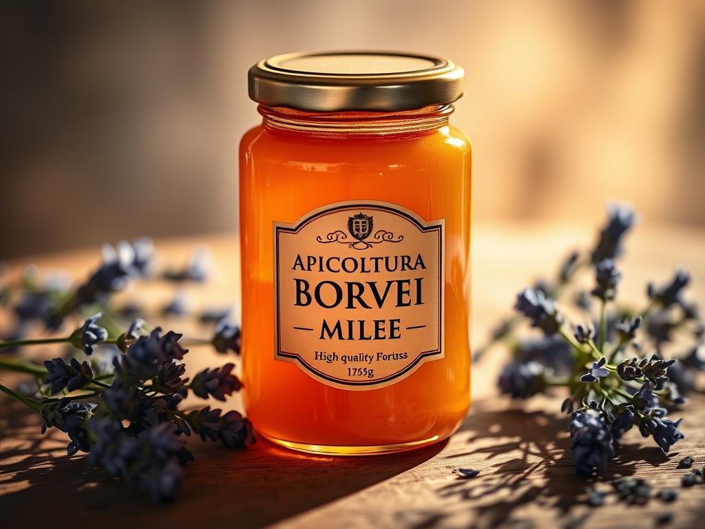 Elegant glass jar showcasing the rich, golden hue of artisanal APICOLTURA BORVEI MIELE. Warm, soft lighting illuminates the jar's surface, highlighting the natural texture and viscosity of the high-quality honey. The jar is positioned atop a rustic wooden table, surrounded by sprigs of lavender and wildflowers, creating a serene, countryside atmosphere. Subtle shadows cast by the jar and foliage add depth and dimension to the scene. The overall composition evokes a sense of quality, craftsmanship, and the pastoral beauty of Italian beekeeping traditions.