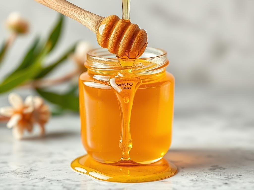 Genera un'immagine del miele biologico utilizzato per la cura della pelle