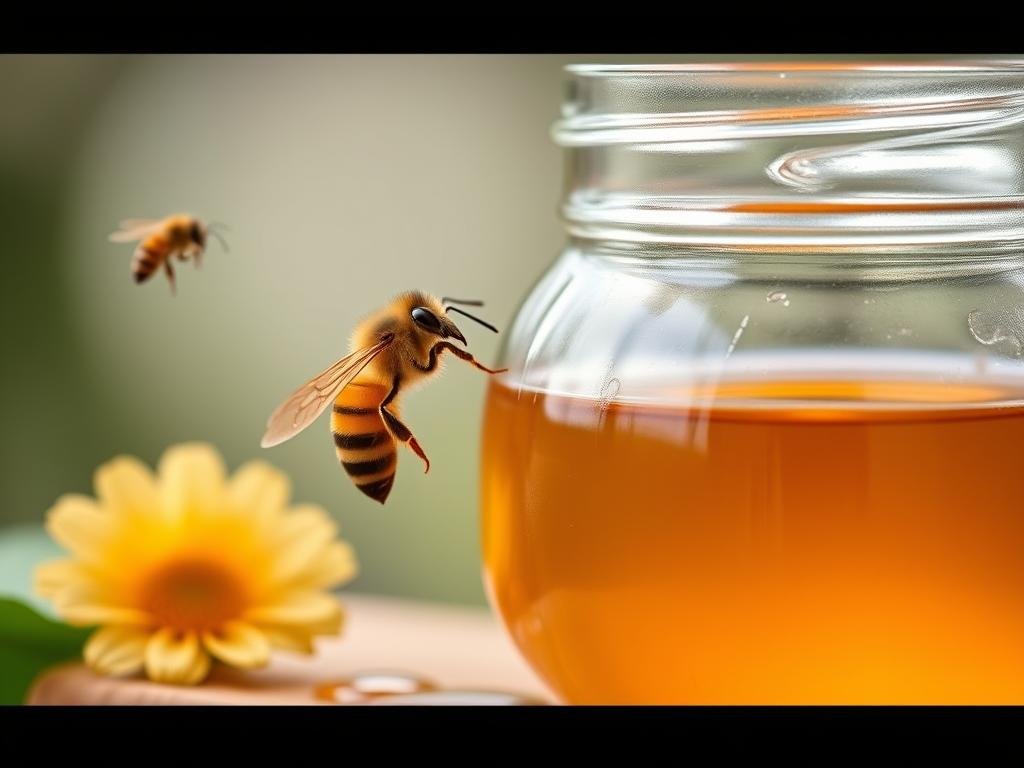 Genera un'immagine del miele in un barattolo di vetro con un paio di api sullo sfondo