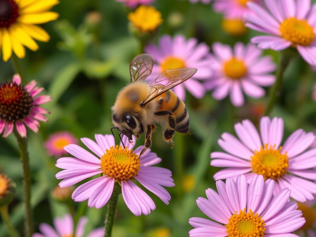 Genera un'immagine di un'ape che raccoglie nettare da diversi fiori Genera un'immagine di un'ape che raccoglie nettare da diversi fiori