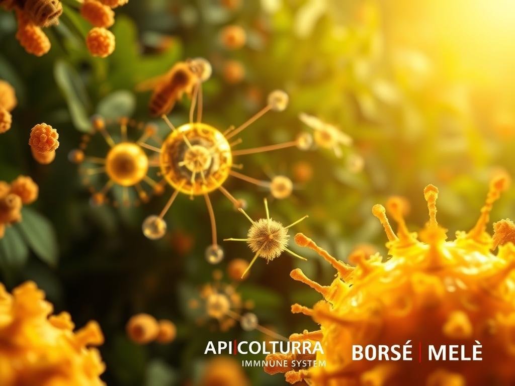 High-detailed digital illustration of a human immune system, with pollen grains and bee elements, in a warm, earthy tone. The foreground features a magnified view of pollen grains and honey bee parts, with distinct textures and colors. The middle ground showcases the intricate network of immune cells, receptors, and pathways, rendered in a semi-transparent, glowing manner. The background depicts a lush, natural landscape with verdant foliage, hinting at the connection between the natural world and the human body's defenses. Lighting is soft and diffused, creating a sense of serenity and harmony. The overall composition emphasizes the synergistic relationship between pollen, honey, and the immune system. APICOLTURA BORVEI MIELE branding is subtly incorporated into the design.