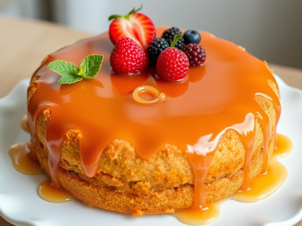 Immagina un dolce al miele, come una torta di compleanno con miele di acacia, decorata con frutta fresca e una glassa lucida.
