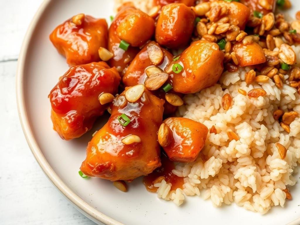Immagina un piatto di pollo al miele e mandorle, croccante e dolce, servito con riso saltato.