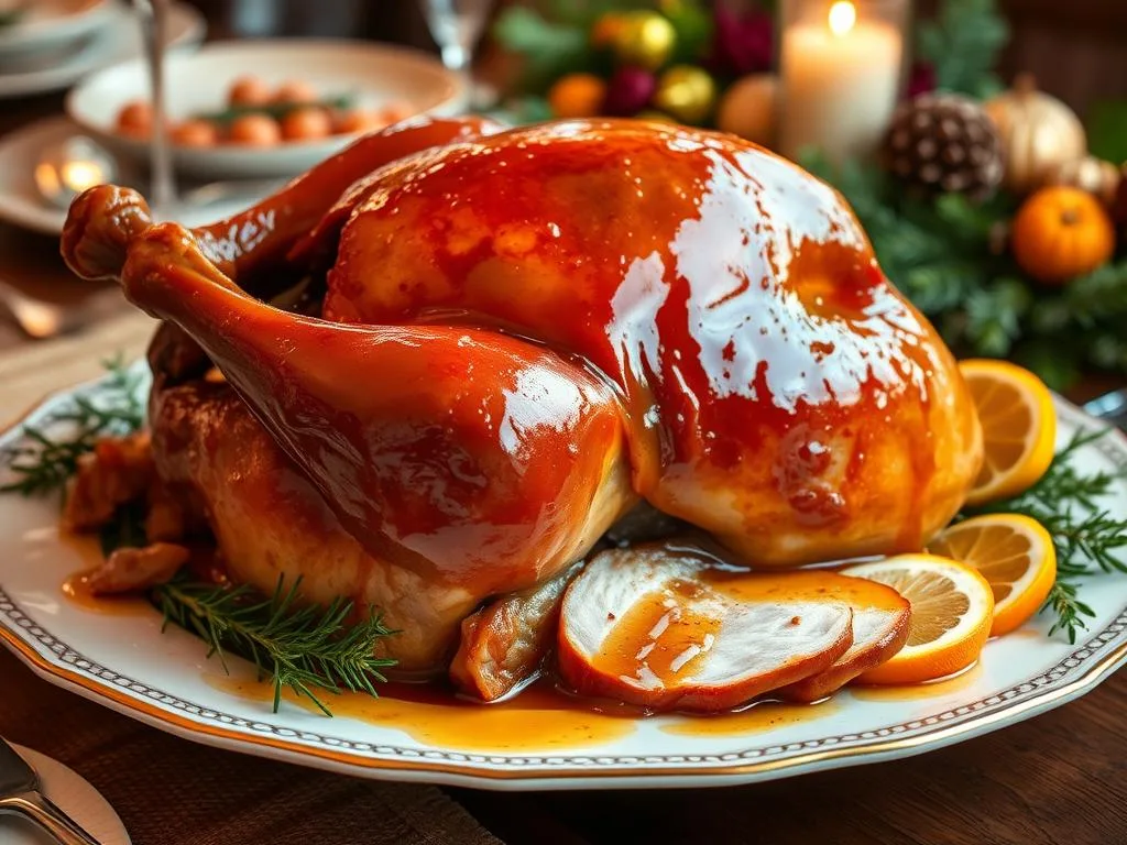 Immagina un tacchino al forno glassato con una salsa al miele e arance