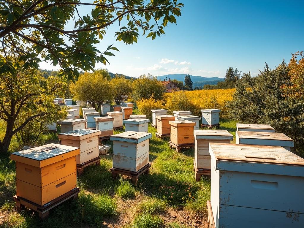 Immagina un'immagine di un'apiaria italiana con alveari disposti in un paesaggio naturale incontaminato
