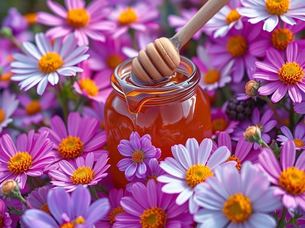 Immagine di miele di alta qualità con fiori intorno