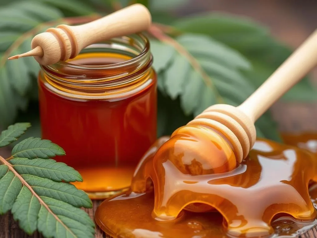 Immagine di miele di manuka con foglie di manuka