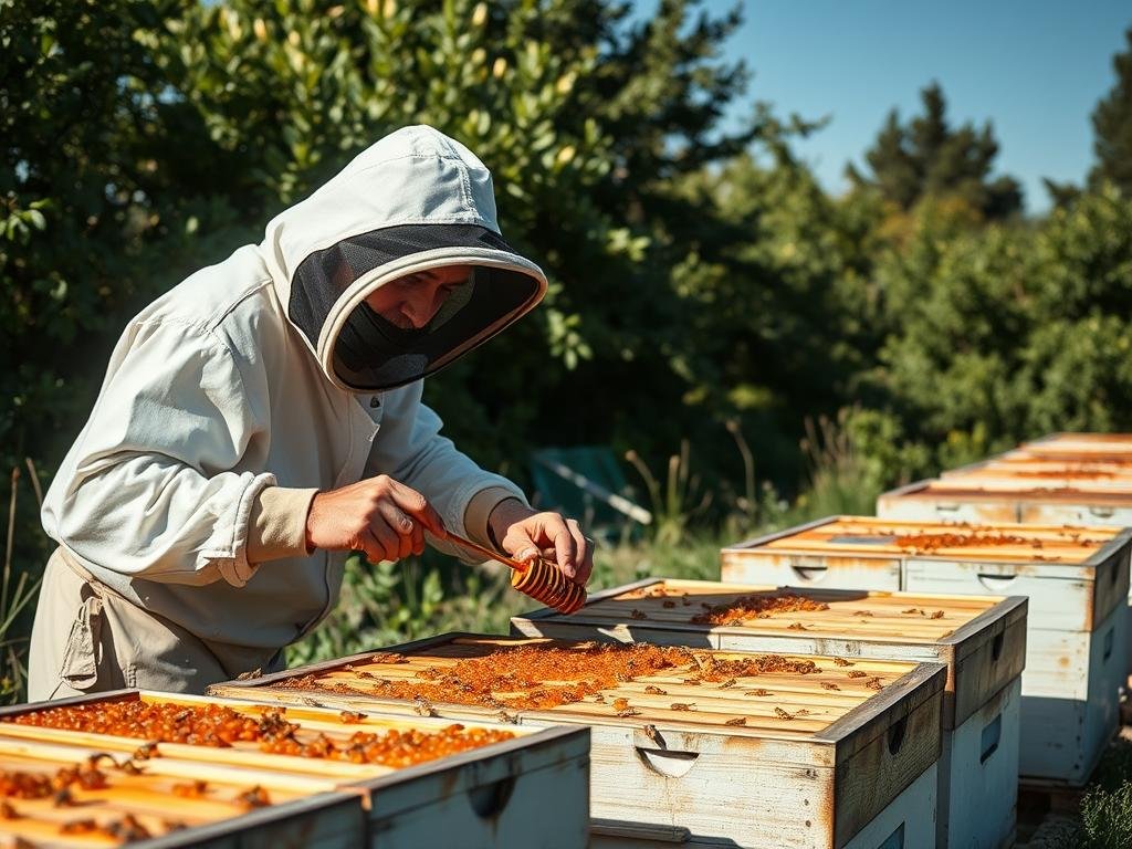 Immagine di miele locale con apicoltore