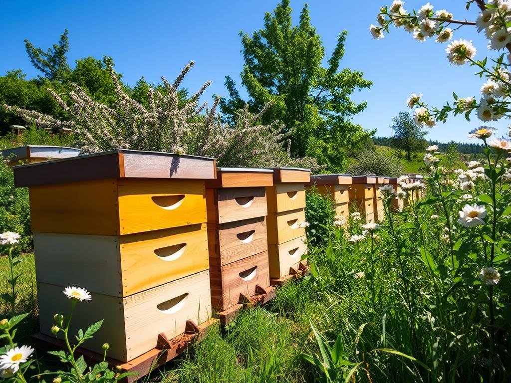 Immagine di un apiario con alveari in un'area verde