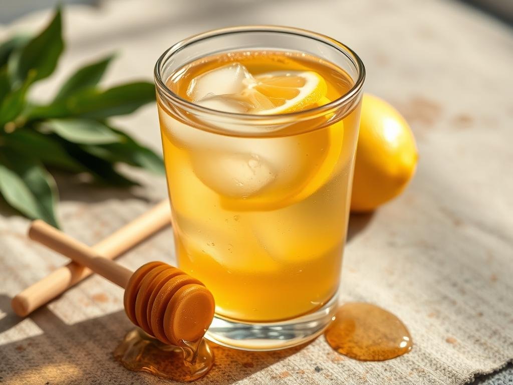 Immagine di un bicchiere di acqua calda con miele e limone.