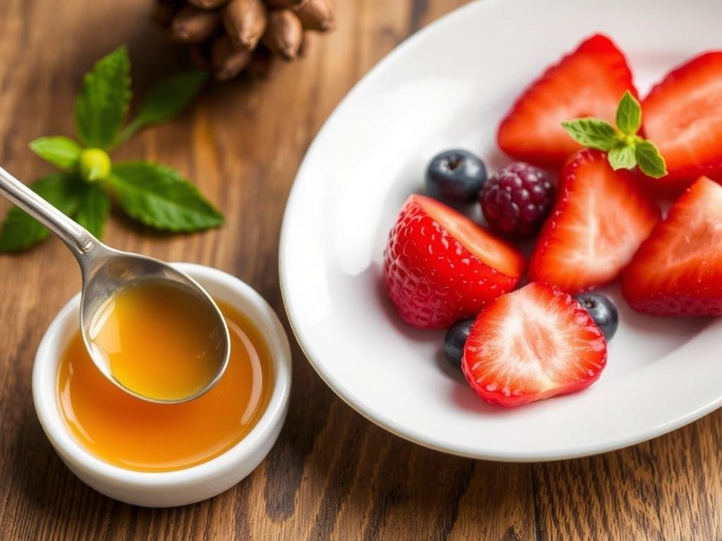 Immagine di un cucchiaio di miele accanto a un piatto di frutta fresca