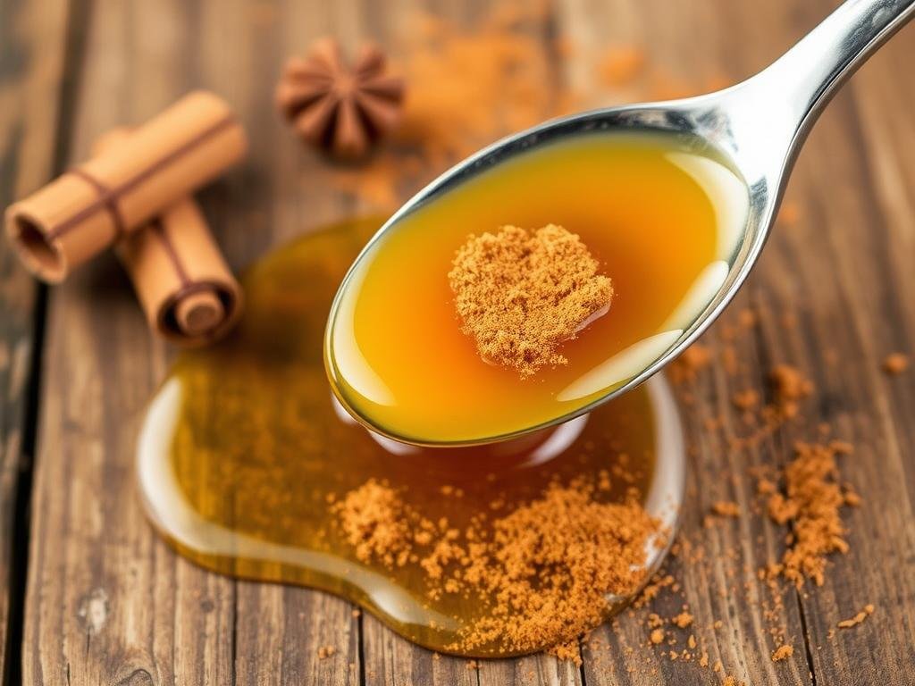 Immagine di un cucchiaio di miele con cannella in polvere.