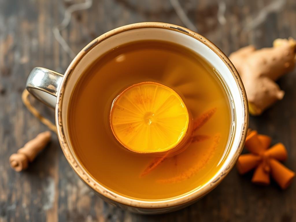 Immagine di una tazza di infuso caldo con zenzero e curcuma, addolcito con miele.
