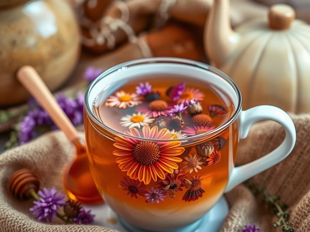 Immagine di una tisana calda con fiori di echinacea e un cucchiaio di miele.