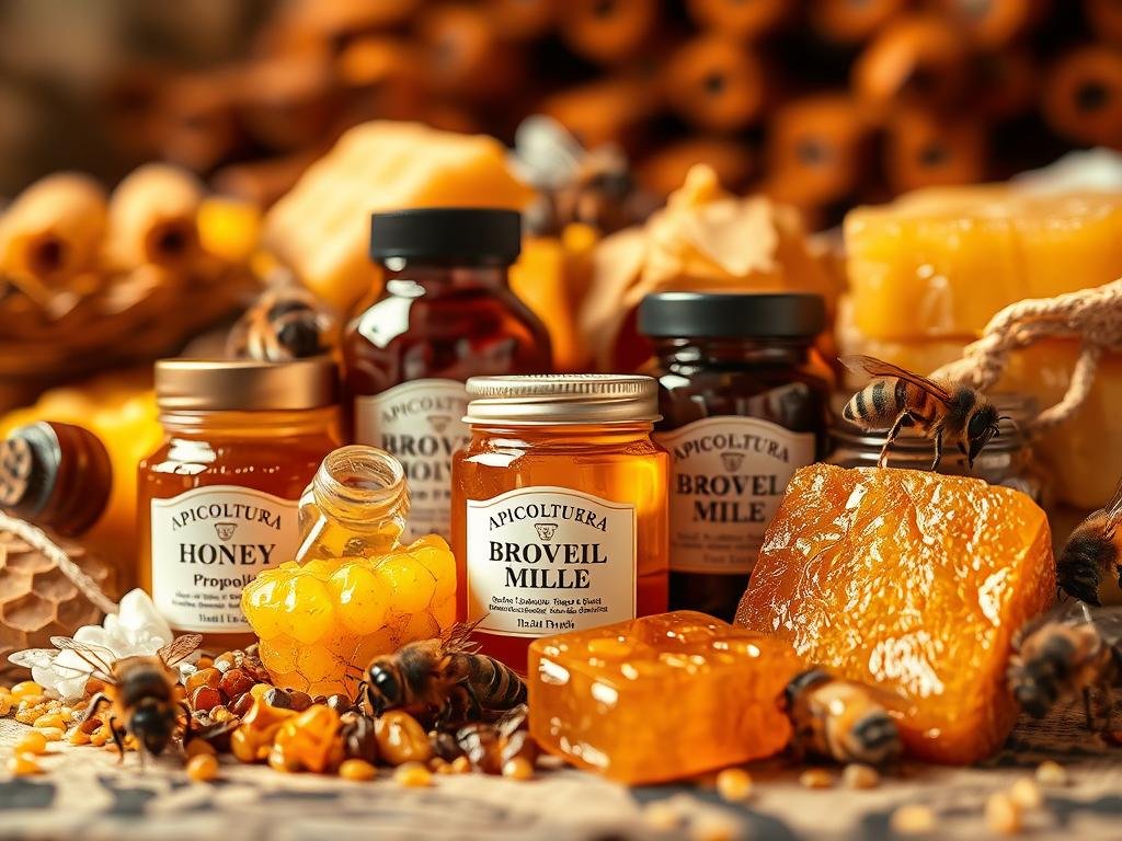 Intricate apian tapestry, a vibrant display of the APICOLTURA BORVEI MIELE hive products. Honey, propolis, royal jelly, and beeswax, each with unique properties and restorative powers. Warm, golden tones bathe the still-life, highlighting the natural textures and shapes. Soft focus blurs the background, drawing the eye to the center stage of this apian offering. Warm, diffused lighting casts a gentle glow, evoking the cozy atmosphere of an Italian apiarian workshop. Crisp, high-resolution detail captures the nuanced complexity of these precious hive treasures.