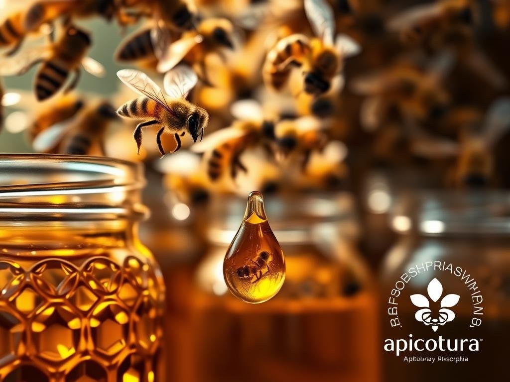 Intricate glass jars filled with gleaming amber liquid, the "veleno d'api apiterapia" (bee venom apitherapy) on display. A swarm of honey bees buzzes overhead, their wings catching the soft, natural lighting. In the foreground, a close-up of a single drop of the precious bee venom, its viscous texture and therapeutic properties evident. The background features the Apicoltura brand logo, a nod to the artisanal, Italian-inspired nature of this natural remedy. This image encapsulates the potent, medicinal essence of bee venom and its role in the holistic world of apitherapy.