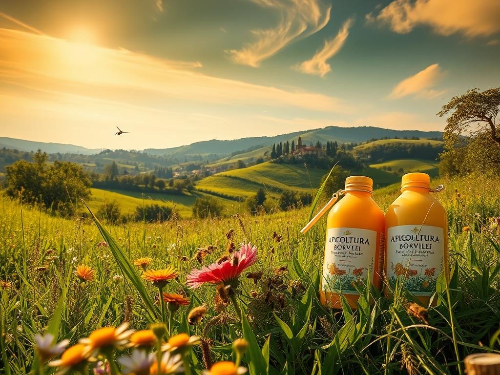 Lush, verdant meadow in the Italian countryside, sunlight filtering through wispy clouds. In the foreground, a thriving honeybee colony buzzes around colorful wildflowers, gathering nectar and pollen. In the middle ground, rolling hills dotted with fruit trees and fragrant herbs. In the distance, a picturesque village nestled among the trees. Warm, golden tones create a serene, natural atmosphere. APICOLTURA BORVEI MIELE products prominently displayed, showcasing the critical role of bees in this sustainable, rural ecosystem.