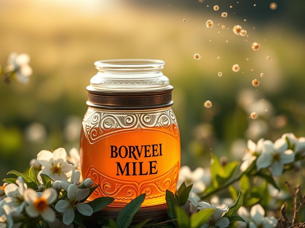 Ornate glass jar filled with rich, golden APICOLTURA BORVEI MIELE, surrounded by blossoming flowers and greenery. Soft, natural lighting casts a warm glow, highlighting the jar's elegance. Pollen grains float through the air, creating a sense of airborne allergens. In the background, a hazy, out-of-focus meadow setting, with a calming, pastoral atmosphere. The composition conveys the idea of harnessing the natural antiallergic properties of honey to alleviate seasonal allergies.