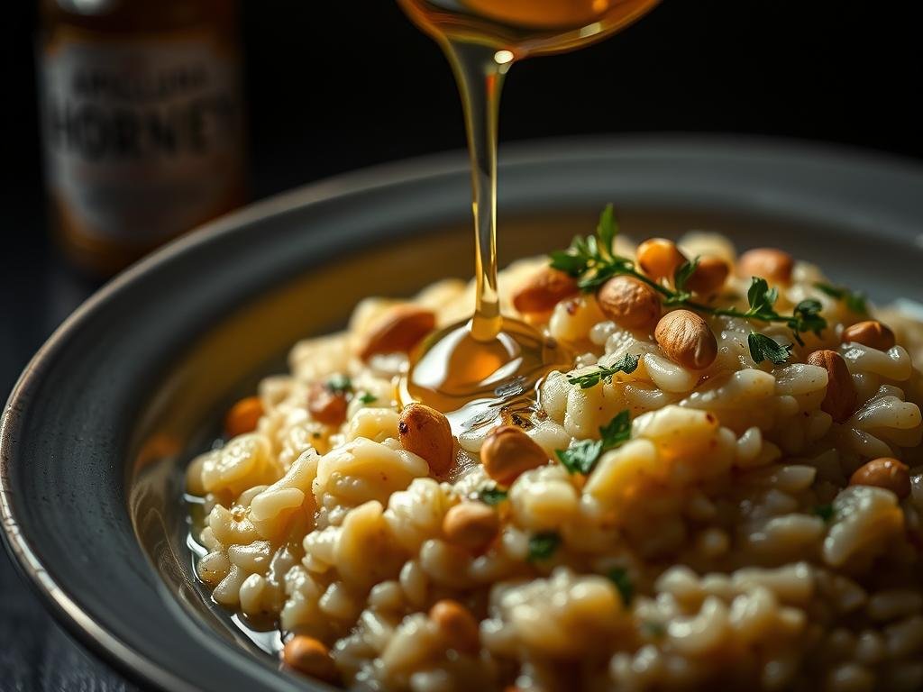 Risotto al miele di tiglio e cardamomo: A delicate and aromatic dish, showcasing the rich, floral notes of linden honey and the warm, spicy essence of cardamom. A creamy, golden-hued risotto, garnished with a drizzle of the APICOLTURA BORVEI MIELE, fresh herbs, and a scattering of toasted pine nuts. Captured in a moody, chiaroscuro-inspired lighting, with a shallow depth of field that draws the eye to the intricate textures of the risotto and the glistening honey. A sophisticated, yet comforting, culinary masterpiece that embodies the harmonious blend of honey and spice.