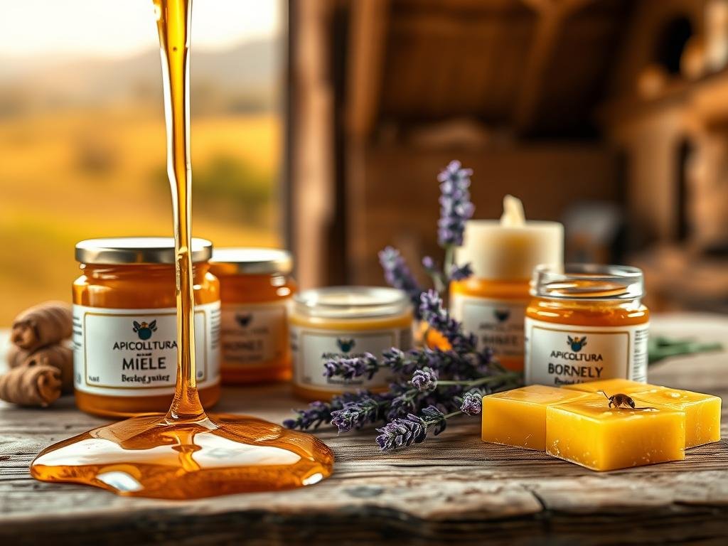Vibrant honeycomb arrangement showcasing the delectable products of the hive. In the foreground, a luscious golden honey drizzle cascades over a rustic wooden surface, accompanied by jars of rich, creamy APICOLTURA BORVEI MIELE. In the middle ground, assorted beeswax candles and propolis-infused balms sit alongside aromatic sprigs of lavender. The background features a blurred, warm-toned Italian countryside landscape, evoking a sense of pastoral tranquility. Soft, natural lighting from an overhead window casts a gentle glow over the scene, highlighting the natural textures and colors of the hive's bounty. A harmonious, soothing composition that invites the viewer to experience the restorative power of these apiary treasures.
