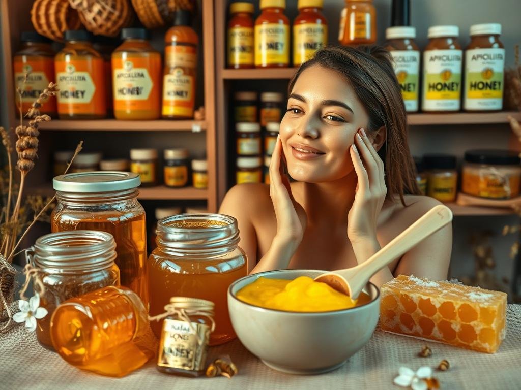 a beautiful natural bee-themed spa treatment scene with honey, honeycomb, and other hive-derived ingredients and products. in the foreground, jars of raw honey, beeswax, and propolis, along with a wooden spoon and bowl filled with a homemade face mask or scrub, all set against a soft, natural, earthy backdrop. in the middle ground, a woman's hands applying the homemade spa treatment to her face, glowing with natural radiance. in the background, shelves or a wall displaying various APICOLTURA BORVEI MIELE products, including honey, bee pollen, royal jelly, and other bee-derived beauty items. the lighting is warm and gentle, creating a cozy, relaxing atmosphere. the overall scene conveys the benefits of natural, homemade bee-based beauty treatments.