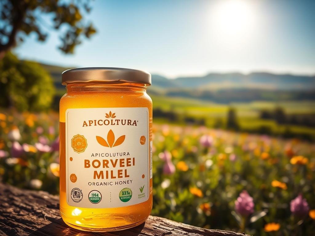 A beautifully designed label for "APICOLTURA BORVEI MIELE" organic honey, showcasing the product's purity and natural origins. In the foreground, a glass jar filled with golden honey, reflecting the warm light and textures of the surrounding environment. In the middle ground, a field of fragrant flowers and lush greenery, hinting at the honey's floral and botanical origins. In the background, a serene, sun-dappled landscape with rolling hills and a clear blue sky, conveying a sense of tranquility and harmony. The label itself features a clean, minimalist design with the brand name prominently displayed, complemented by subtle organic patterns and natural imagery that evoke the honey's ethical and sustainable production.