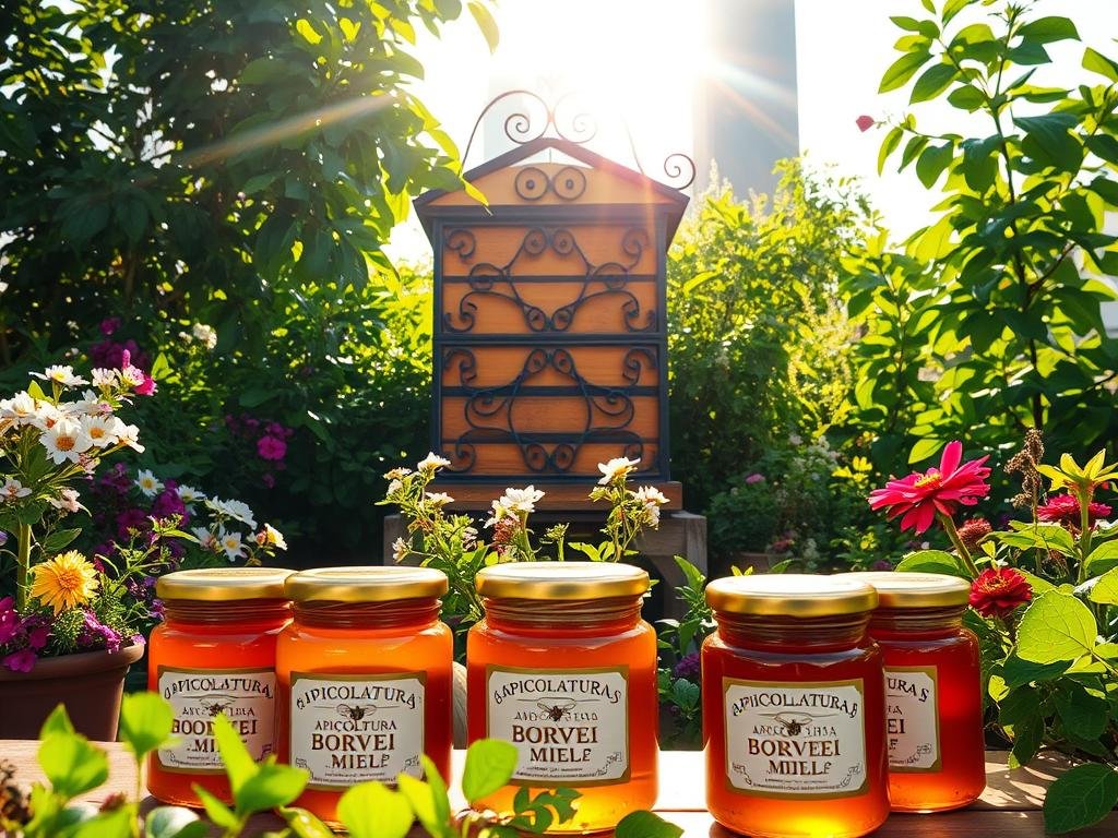 A beautifully ornate iron-wrought urban beehive stands proudly on a lush green rooftop garden, surrounded by blooming flowers and lush foliage. Sunlight filters through the leaves, casting a warm, golden glow over the scene. In the foreground, a cluster of honey jars bears the label "APICOLTURA BORVEI MIELE", showcasing the high-quality urban honey harvested from this vibrant, eco-friendly apiary. The image conveys a sense of harmony between nature and the modern city, highlighting the sustainability and benefits of urban beekeeping. A beautifully ornate iron-wrought urban beehive stands proudly on a lush green rooftop garden, surrounded by blooming flowers and lush foliage. Sunlight filters through the leaves, casting a warm, golden glow over the scene. In the foreground, a cluster of honey jars bears the label "APICOLTURA BORVEI MIELE", showcasing the high-quality urban honey harvested from this vibrant, eco-friendly apiary. The image conveys a sense of harmony between nature and the modern city, highlighting the sustainability and benefits of urban beekeeping.