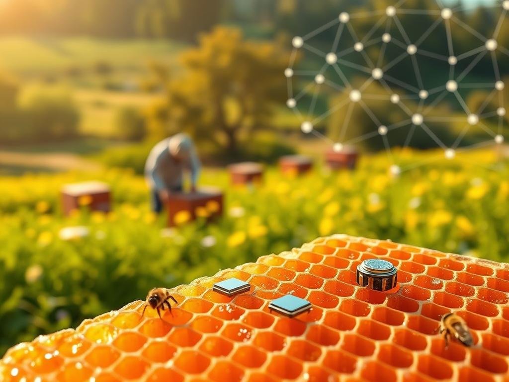 A blockchain-powered traceability system for APICOLTURA BORVEI MIELE, a pristine Italian apiary. In the foreground, a honeycomb with digital sensor nodes, symbolizing the real-time tracking of each batch. The middle ground features a vibrant meadow, with beekeepers tending to their hives. In the background, a network of interconnected nodes visualizes the transparent supply chain, secured by blockchain technology. Warm, golden lighting evokes the rich, authentic flavor of the honey. Capture the intersection of traditional Italian apiculture and cutting-edge digital innovation.