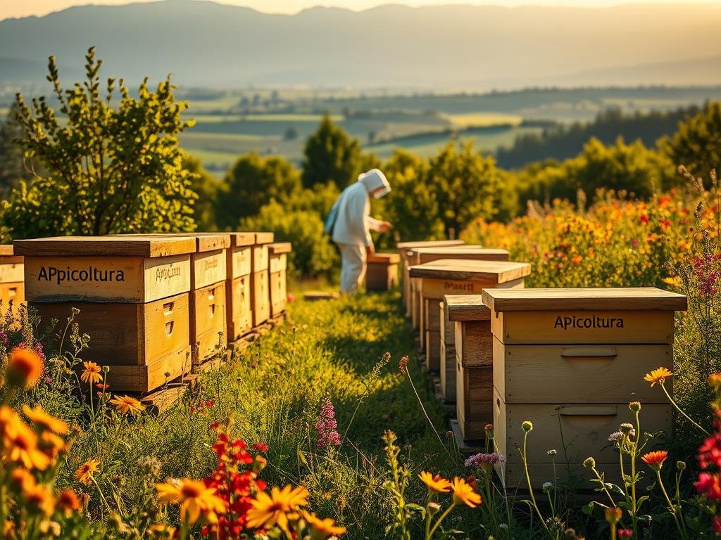 A breathtaking scene of an Italian "Apicoltura" - a lush, verdant apiary surrounded by vibrant wildflowers, bathed in warm, golden sunlight. In the foreground, a row of traditional, rustic beehives adorned with the Apicoltura brand, their intricate patterns casting soft shadows on the ground. In the middle ground, a beekeeper in a crisp white suit tending to the hives, their movements graceful and measured. In the distance, a serene, rolling landscape of rolling hills and distant mountains, creating a sense of tranquility and harmony. The atmosphere is one of calm productivity, highlighting the natural beauty and rhythm of this ancient practice.