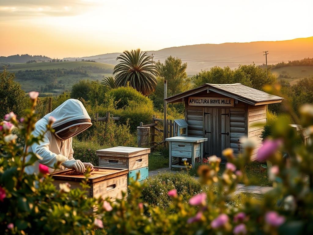 A bucolic apiary nestled in a verdant Italian countryside, surrounded by lush foliage and blooming flowers. In the foreground, a beekeeper in protective gear tends to a hive, ensuring the safety and wellbeing of the industrious colony. The mid-ground showcases a quaint, rustic beekeeping outpost bearing the sign "APICOLTURA BORVEI MIELE", a testament to the artisanal nature of the operation. In the background, rolling hills and a warm, golden-hued sky create a serene, picturesque atmosphere, reflecting the tranquility of the scene. Soft, diffused lighting illuminates the details, evoking a sense of harmony between nature and the careful stewardship of the apiary.
