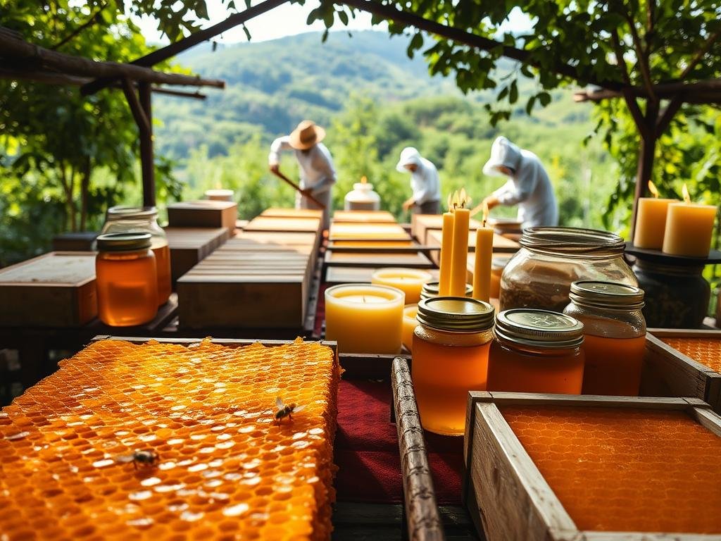 A bustling apiary filled with the bounty of nature. In the foreground, golden honeycombs glisten under soft, warm lighting, their intricate patterns a mesmerizing display of the hive's industrious inhabitants. Jars of amber-hued honey stand alongside beeswax candles, their gentle flames casting a cozy glow. In the middle ground, workers in traditional bee-keeping attire tend to the hives, their movements graceful and purposeful. The background reveals a lush, verdant landscape, a serene backdrop to the vibrant "Apicoltura" scene. Capture the timeless allure of these time-honored apiary products, a testament to the enduring traditions of Italian beekeeping.