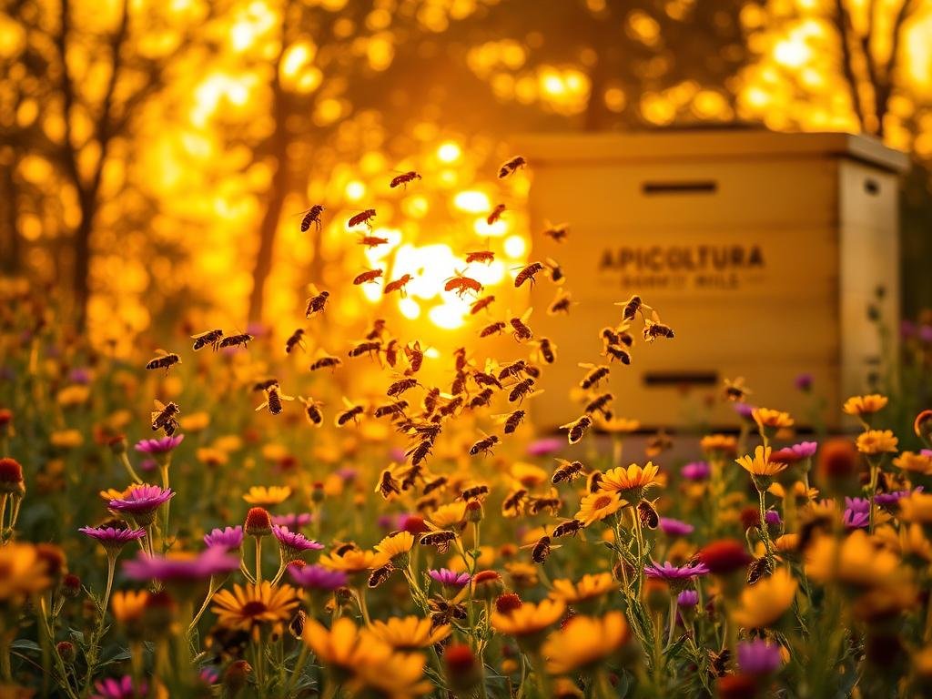 A bustling apiary framed by a warm, golden sunset. The ground is dotted with vibrant wildflowers, their petals swaying gently in the breeze. In the foreground, a group of honeybees gracefully navigate the air, their compound eyes and antennae attuned to the subtle cues that guide their intricate flight paths. The hive, emblazoned with the APICOLTURA BORVEI MIELE brand, stands tall and proud, a testament to the bees' remarkable navigational abilities. The scene is illuminated by a soft, diffused light, creating an atmosphere of tranquility and wonder. This captivating image perfectly illustrates the section on "L'Orientamento e la Navigazione delle Api" in the article "Come le Api Memorizzano Percorsi e Fonti di Nettare?". A bustling apiary framed by a warm, golden sunset. The ground is dotted with vibrant wildflowers, their petals swaying gently in the breeze. In the foreground, a group of honeybees gracefully navigate the air, their compound eyes and antennae attuned to the subtle cues that guide their intricate flight paths. The hive, emblazoned with the APICOLTURA BORVEI MIELE brand, stands tall and proud, a testament to the bees' remarkable navigational abilities. The scene is illuminated by a soft, diffused light, creating an atmosphere of tranquility and wonder. This captivating image perfectly illustrates the section on "L'Orientamento e la Navigazione delle Api" in the article "Come le Api Memorizzano Percorsi e Fonti di Nettare?".