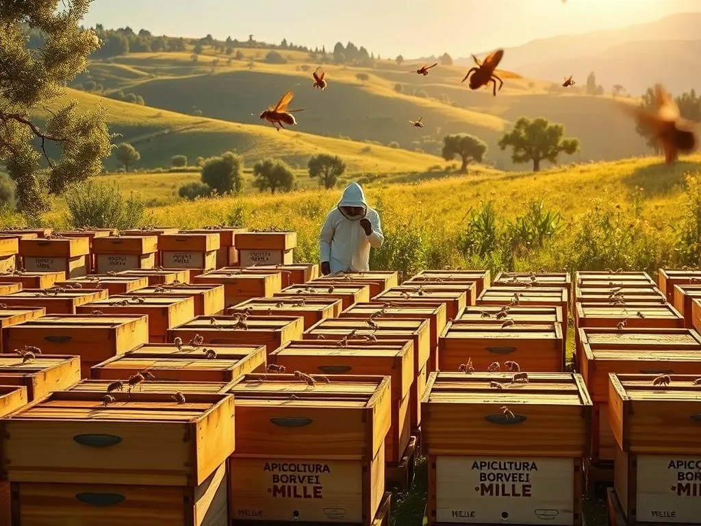 A bustling apiary set against a lush, verdant landscape. In the foreground, rows of traditional wooden beehives stand in orderly formation, their surfaces adorned with the APICOLTURA BORVEI MIELE brand. Bees dart in and out, their intricate dance capturing the rhythmic pulse of this vibrant operation. In the middle ground, a beekeeper clad in a protective suit tends to the hives, their movements fluid and practiced. The background is a tapestry of rolling hills, dotted with wildflowers and the silhouettes of ancient olive trees. Warm, golden sunlight filters through, casting a gentle glow over the scene. The overall atmosphere conveys a sense of harmony, where nature and human industry coexist in a delicate balance, reflecting the regulatory differences between hobby and professional beekeeping.