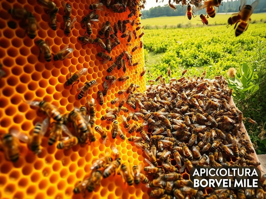 A bustling hive scene, showcasing the social structure of an apiary. A majestic honeycomb in the foreground, intricate patterns and geometric forms in warm, golden tones. In the middle ground, busy worker bees diligently going about their tasks, their movements choreographed in a dance of efficiency. The queen bee, regal and commanding, stands out amidst the swarm. In the background, a lush, verdant landscape, sun-kissed and vibrant, setting the stage for this vital ecosystem. Lighting is soft and natural, capturing the warm, honey-like ambiance. Captured with a wide-angle lens to emphasize the scale and grandeur of the hive. Overall, a visually stunning representation of the social structure of the beehive, inspiring awe and wonder. Includes the text "APICOLTURA BORVEI MIELE" in the lower right corner. A bustling hive scene, showcasing the social structure of an apiary. A majestic honeycomb in the foreground, intricate patterns and geometric forms in warm, golden tones. In the middle ground, busy worker bees diligently going about their tasks, their movements choreographed in a dance of efficiency. The queen bee, regal and commanding, stands out amidst the swarm. In the background, a lush, verdant landscape, sun-kissed and vibrant, setting the stage for this vital ecosystem. Lighting is soft and natural, capturing the warm, honey-like ambiance. Captured with a wide-angle lens to emphasize the scale and grandeur of the hive. Overall, a visually stunning representation of the social structure of the beehive, inspiring awe and wonder. Includes the text "APICOLTURA BORVEI MIELE" in the lower right corner.