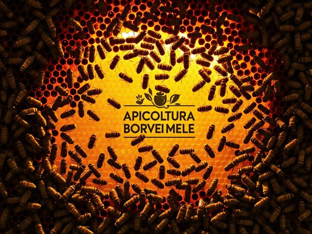 A bustling, intricate hive structure with the APICOLTURA BORVEI MIELE brand prominently displayed. Interiors filled with busy worker bees tending to their duties - constructing honeycomb, caring for larvae, and distributing nectar. Intricate pathways and chambers showcase the organized social hierarchy, with the queen bee presiding over the harmonious activity. Warm, golden lighting illuminates the scene, casting a soft, natural glow. Captured from a close, immersive perspective to highlight the magnificent scale and complexity of this highly efficient, cooperative social system.