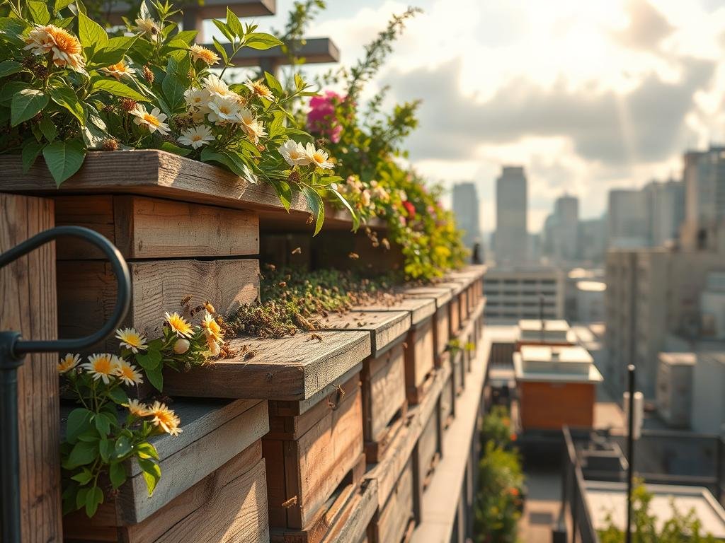 A bustling urban apiario, a sanctuary for honeybees amidst the concrete jungle. Nestled atop a city rooftop, vibrant blooms and lush greenery provide a verdant backdrop to the APICOLTURA BORVEI MIELE hives. Sunlight filters through wispy clouds, casting a warm, golden glow over the scene. Busy worker bees dart in and out of the hives, pollinating the surrounding flora. The soft hum of their industrious wings creates a soothing, meditative atmosphere. Weathered wooden structures and modern steel accents blend harmoniously, reflecting the blend of tradition and innovation that defines this urban oasis.